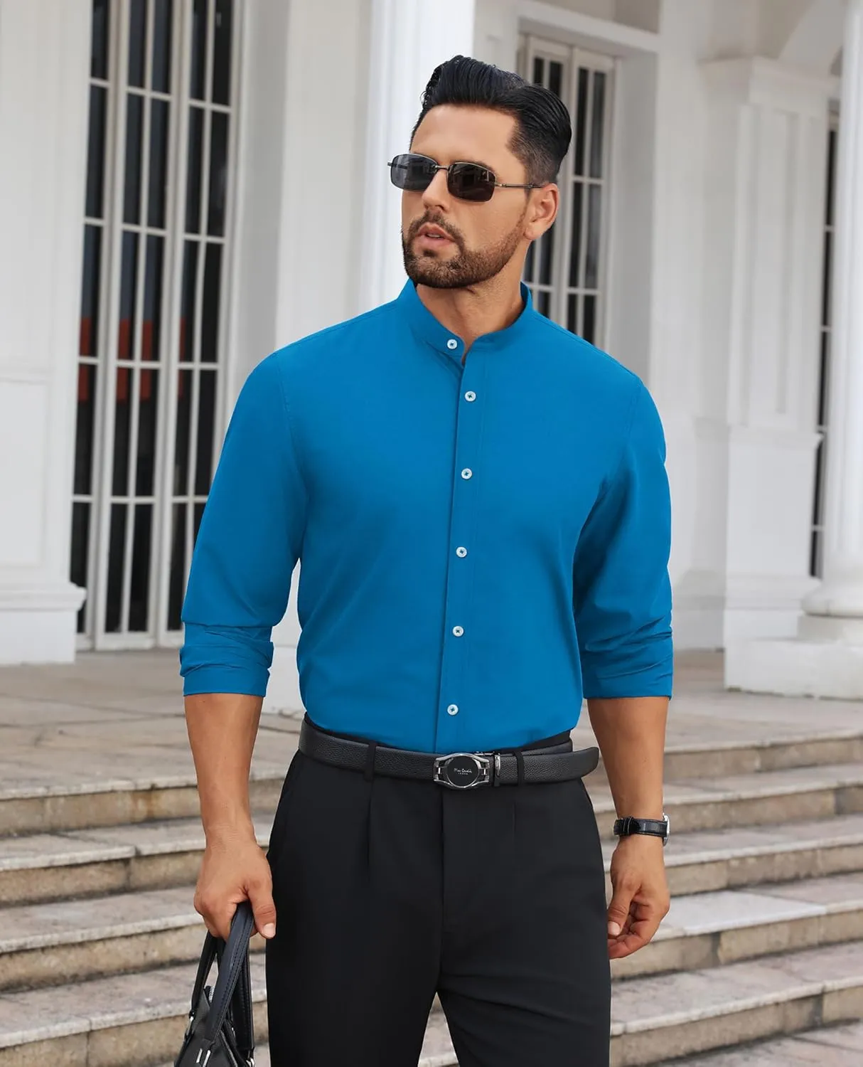 Mens Dress Shirts Wrinkle Free Dress Shirts for Men Long Sleeve Button Down Shirts Banded Collar Shirts