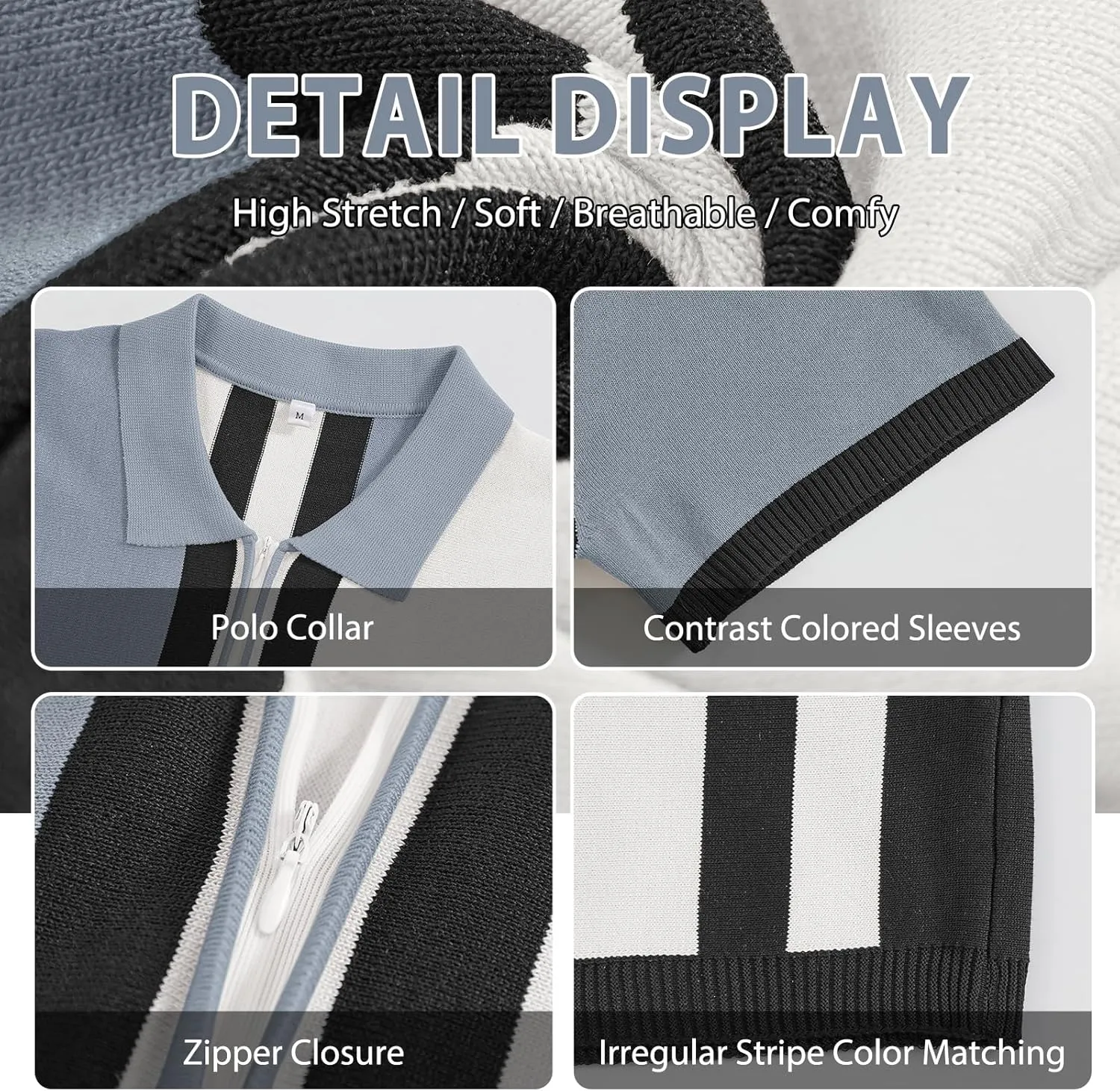 Men's Fashion Knit Polo Shirts Vintage Striped Knitting Shirts Ribbed Slim Fit Golf Shirts