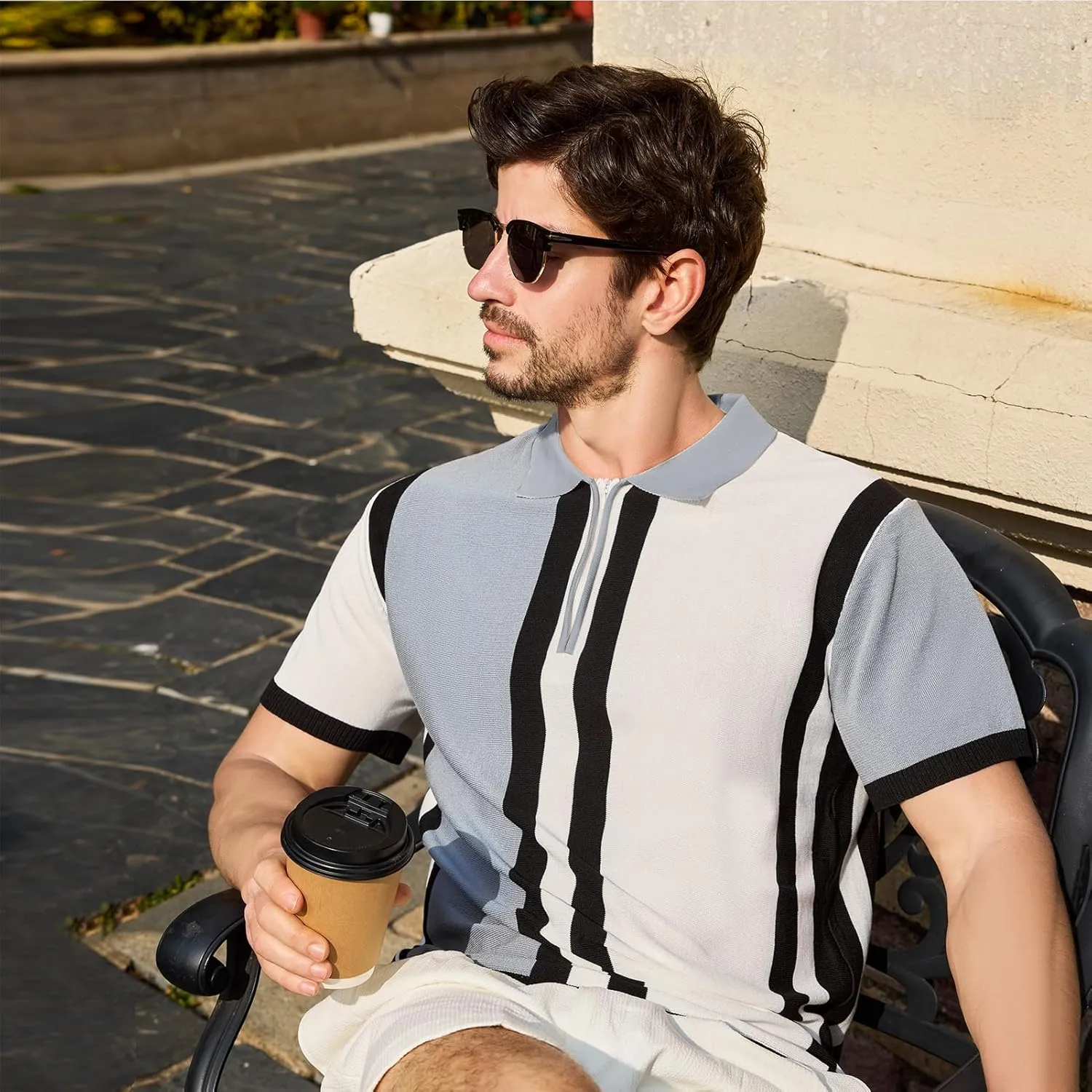 Men's Fashion Knit Polo Shirts Vintage Striped Knitting Shirts Ribbed Slim Fit Golf Shirts