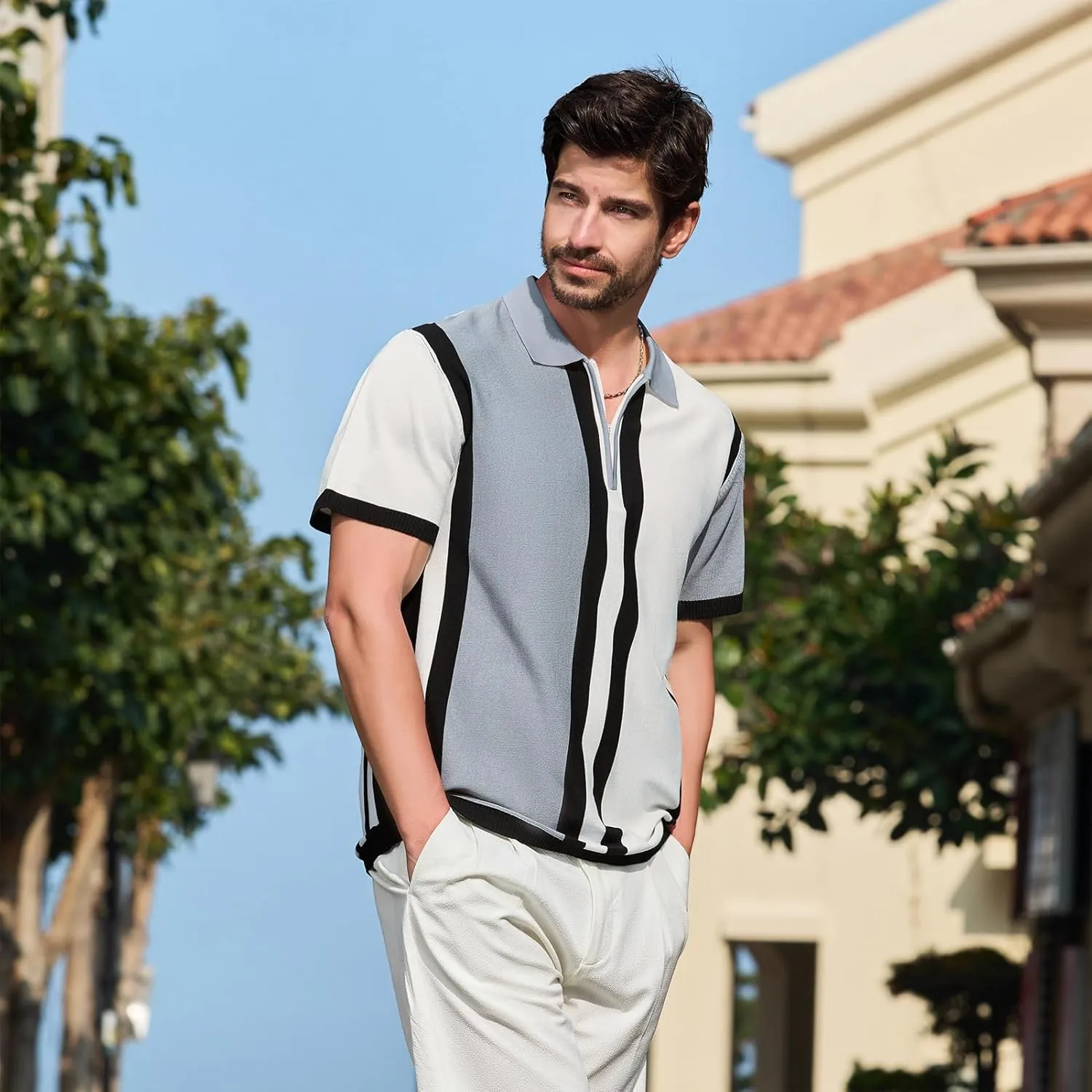 Men's Fashion Knit Polo Shirts Vintage Striped Knitting Shirts Ribbed Slim Fit Golf Shirts
