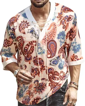 Men's Fashion Shirt Short Sleeve Beach V-Neck Drawstring Printing Yoga African Summer Top