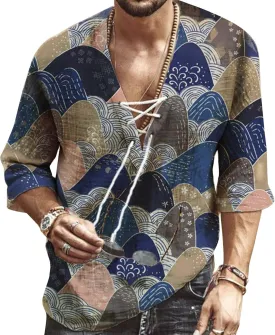 Men's Fashion Shirt Short Sleeve Beach V-Neck Drawstring Printing Yoga African Summer Top
