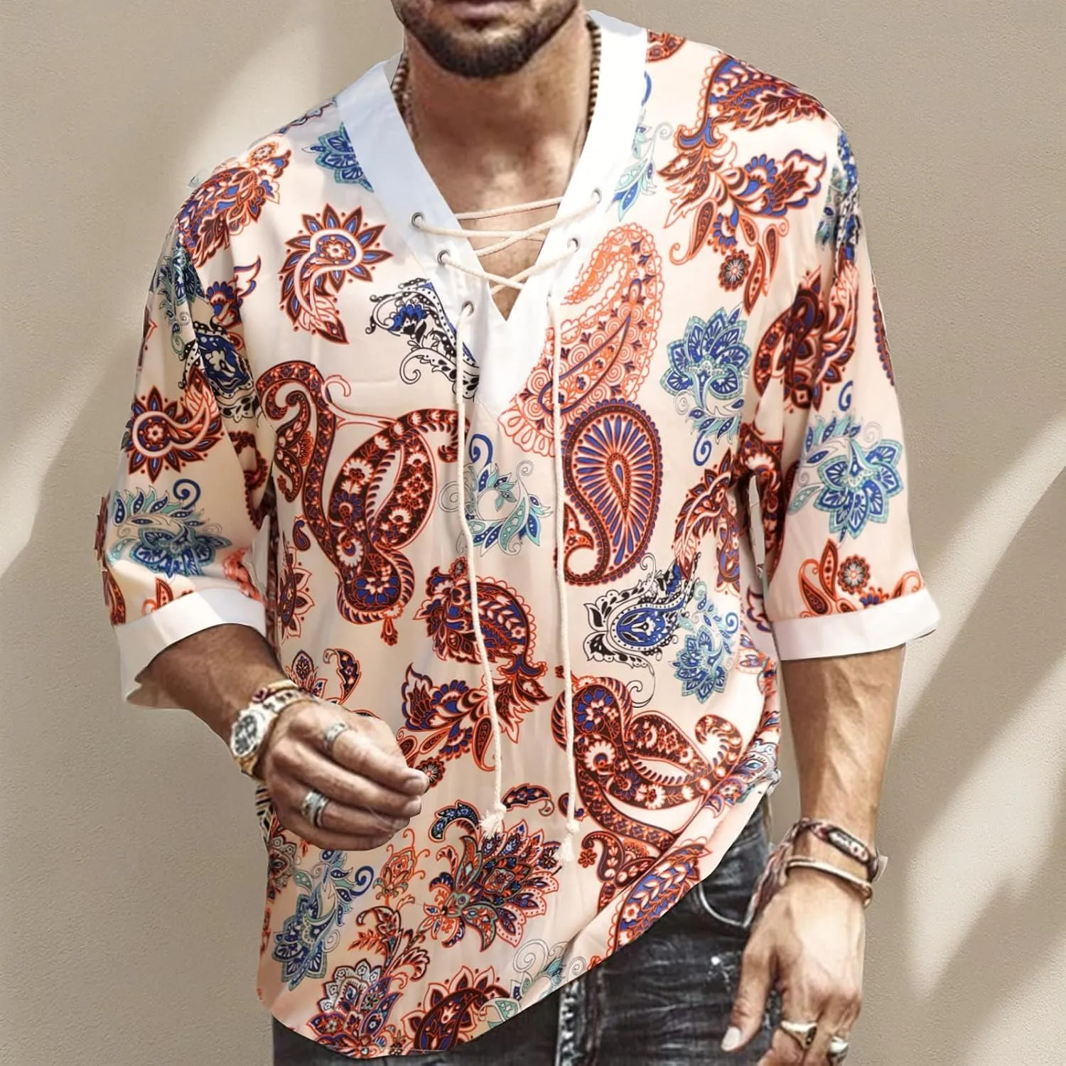 Men's Fashion Shirt Short Sleeve Beach V-Neck Drawstring Printing Yoga African Summer Top