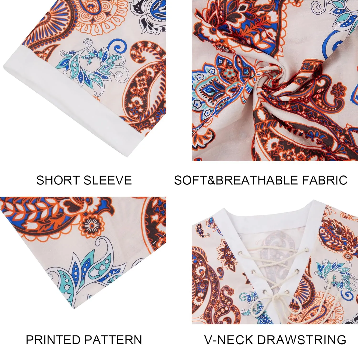 Men's Fashion Shirt Short Sleeve Beach V-Neck Drawstring Printing Yoga African Summer Top