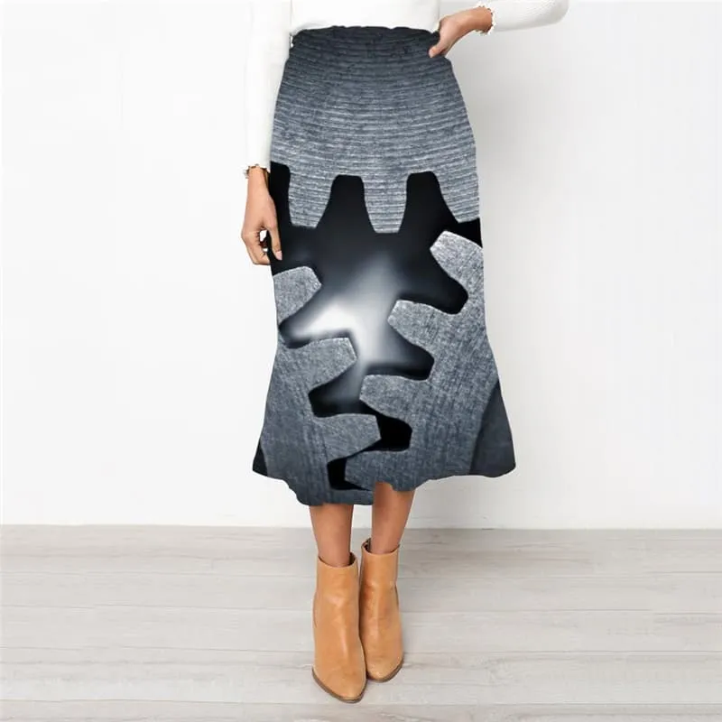 Metal Skirts Women Engine High waist skirts Gear Skirt Ladies Gray School skirt