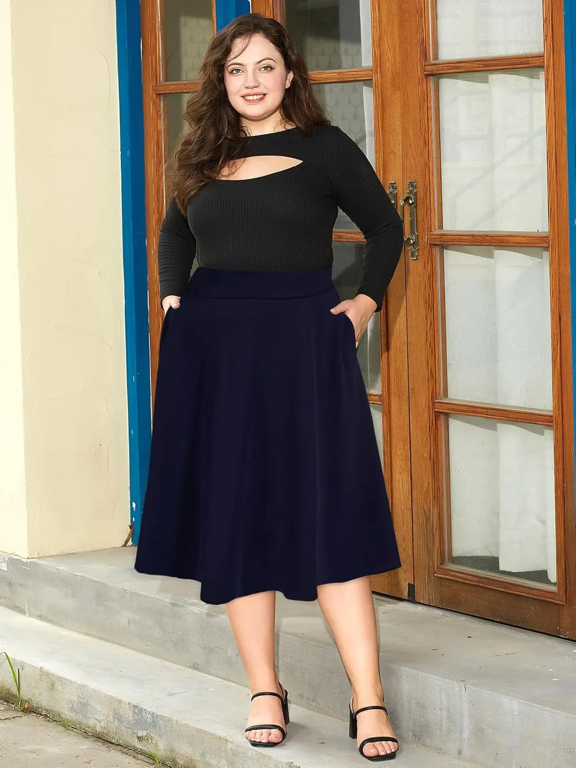 Moon Wood Women's Plus Size Midi Skirt High Elastic Waist A-Line Flared Skater Skirts with Pockets