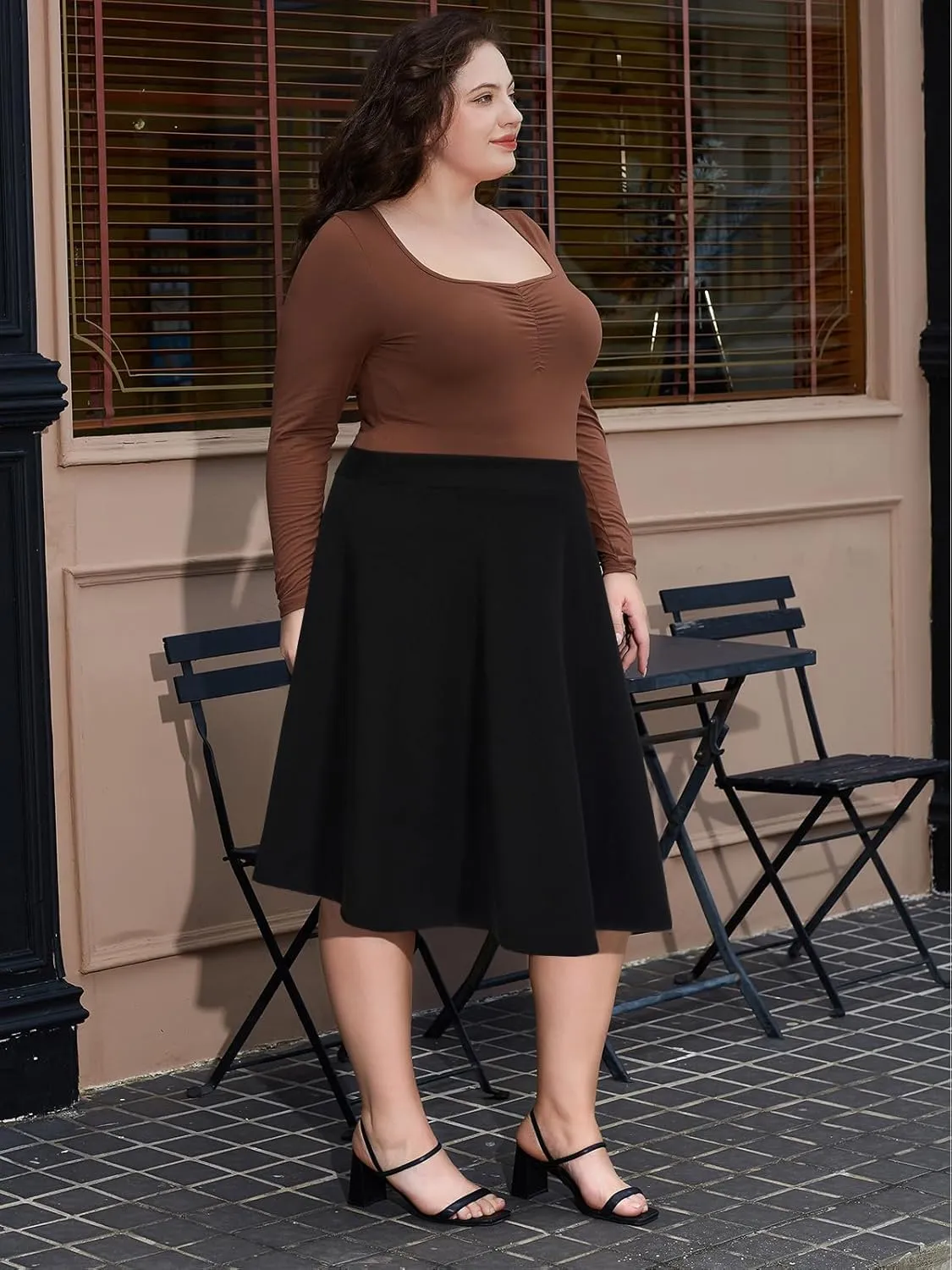 Moon Wood Women's Plus Size Midi Skirt High Elastic Waist A-Line Flared Skater Skirts with Pockets