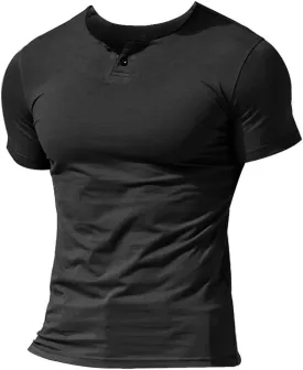 Muscle Alive Mens Summer Casual Short Sleeve Henleys T-Shirt Single Button Placket Plain v Neck Shirts