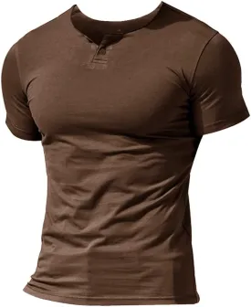 Muscle Alive Mens Summer Casual Short Sleeve Henleys T-Shirt Single Button Placket Plain v Neck Shirts