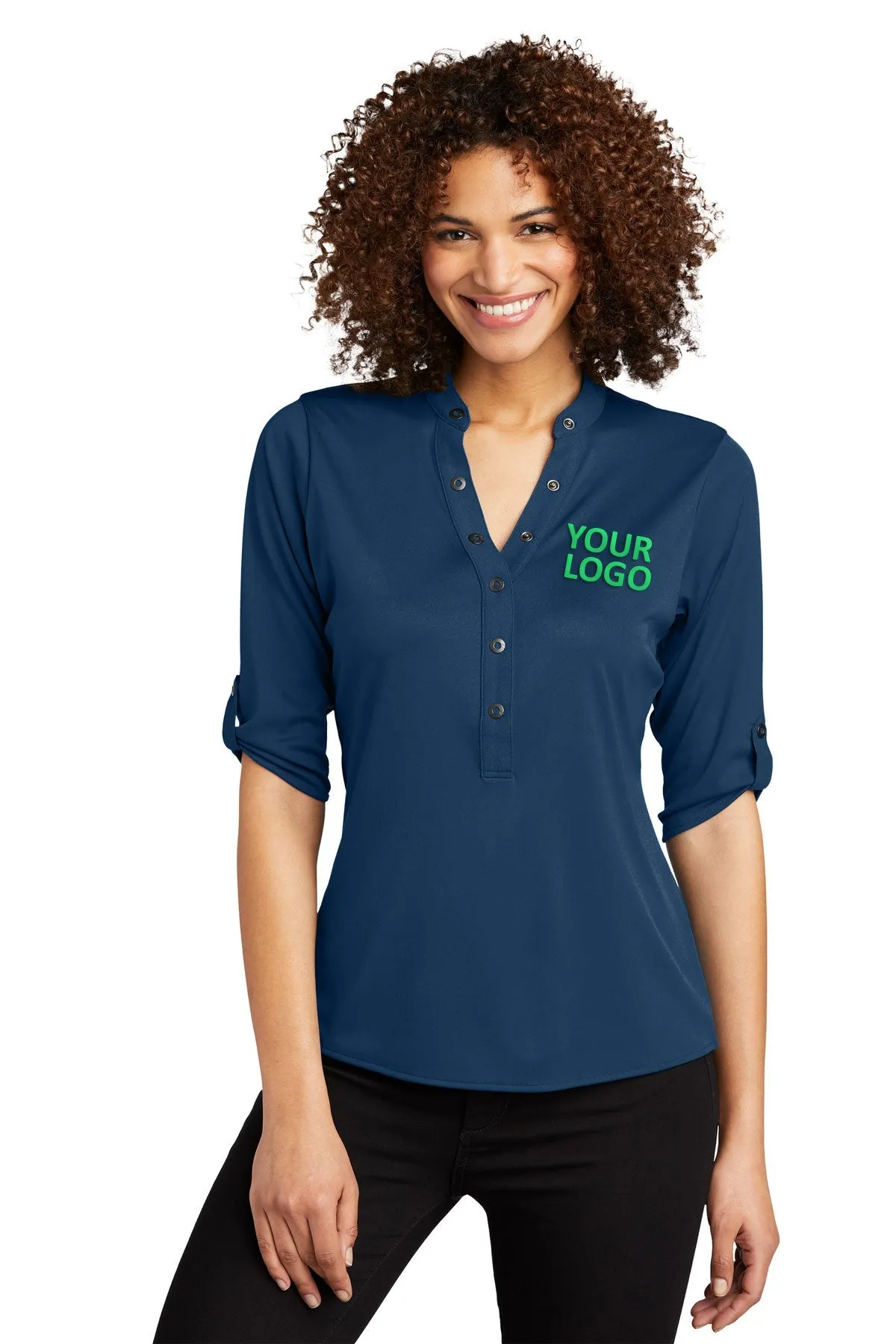 OGIO Ladies Crush Branded Henleys, Blue Indigo