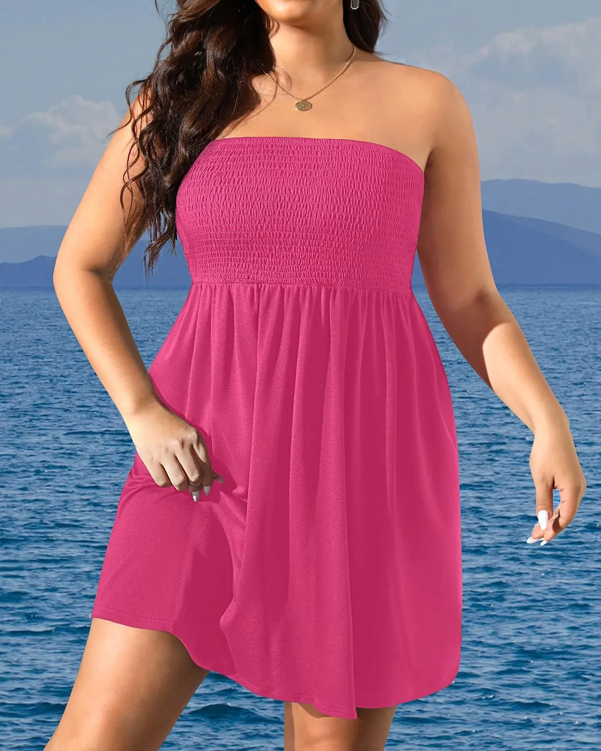 Pinup Fashion Plus Size Swimsuit Cover Up - Women Strapless Swimwear Coverup Tube Top Beach Dress