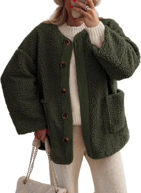 PRETTYGARDEN Women's Warm Winter Coats Casual Long Sleeve Button up Fuzzy Sherpa Fleece Jackets Outerwear