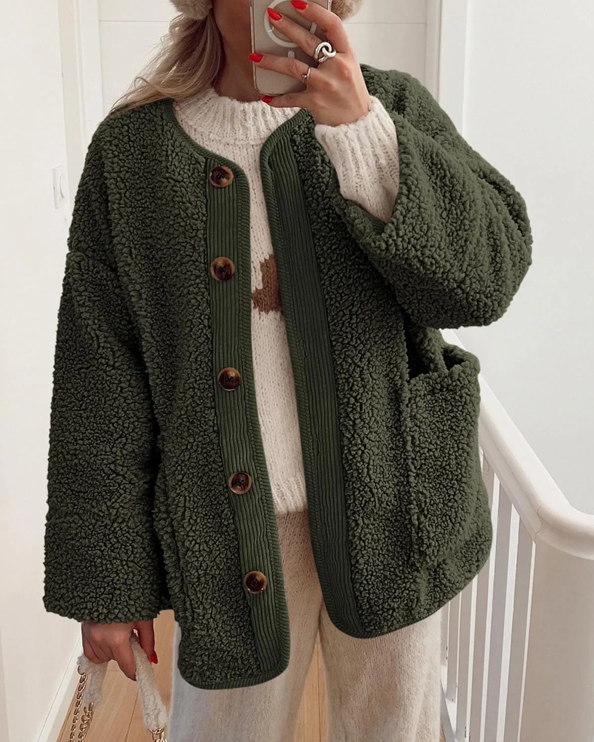 PRETTYGARDEN Women's Warm Winter Coats Casual Long Sleeve Button up Fuzzy Sherpa Fleece Jackets Outerwear