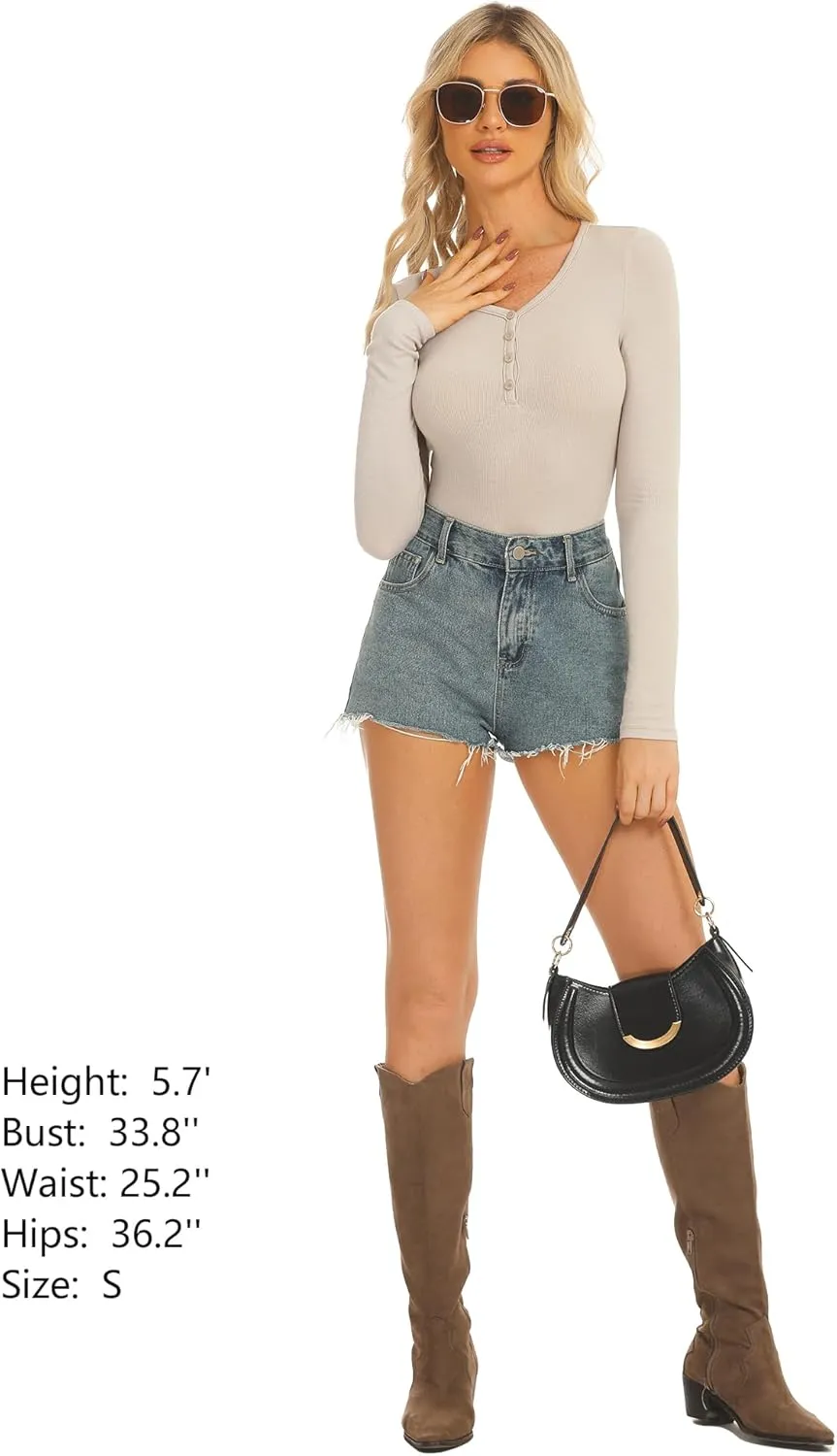 Stelle Henley Shirts for Women Long Sleeve Crop Top Ribbed Knit Button Slim Fitted Tops Casual Basic Blouse