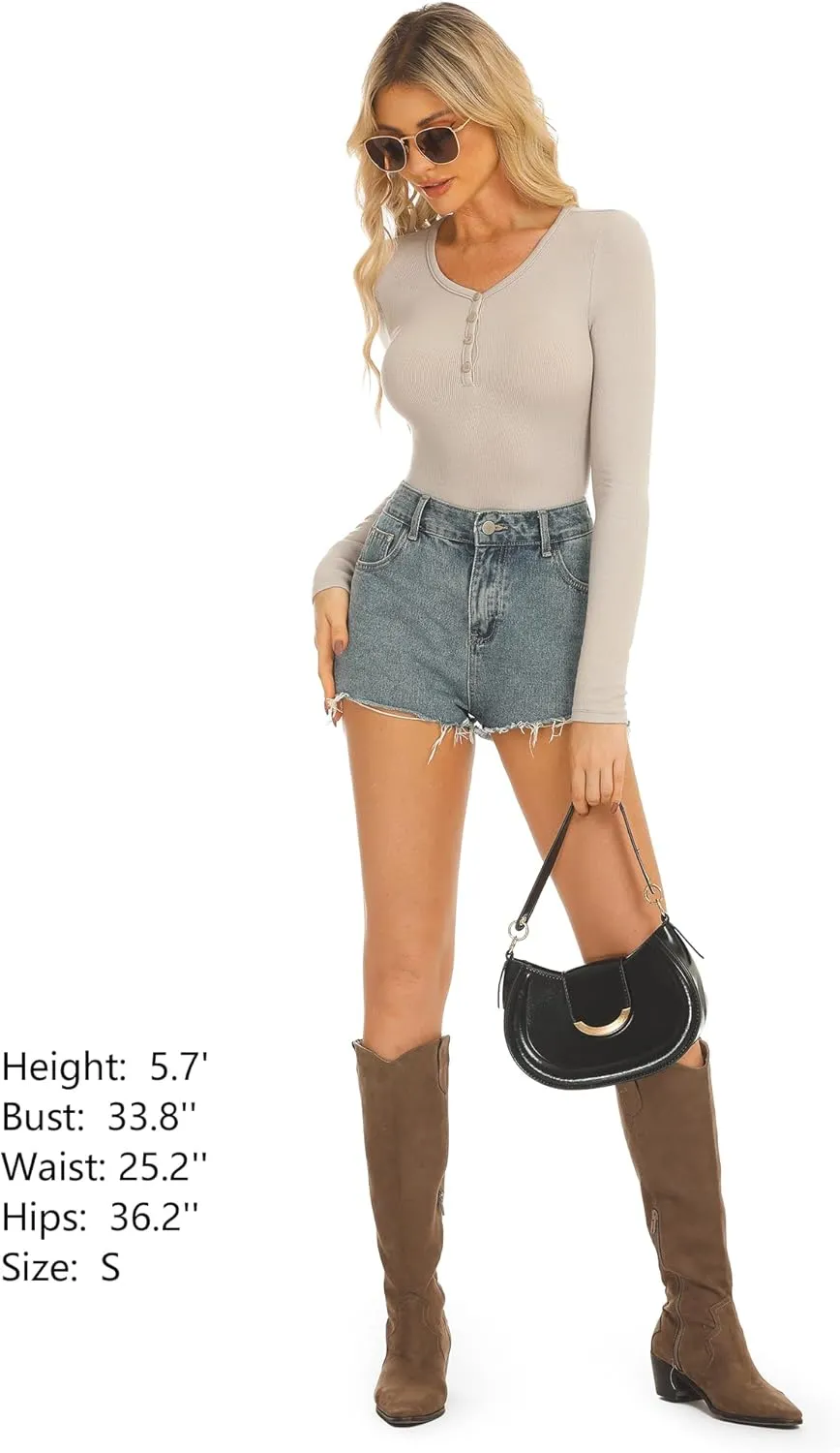 Stelle Henley Shirts for Women Long Sleeve Crop Top Ribbed Knit Button Slim Fitted Tops Casual Basic Blouse