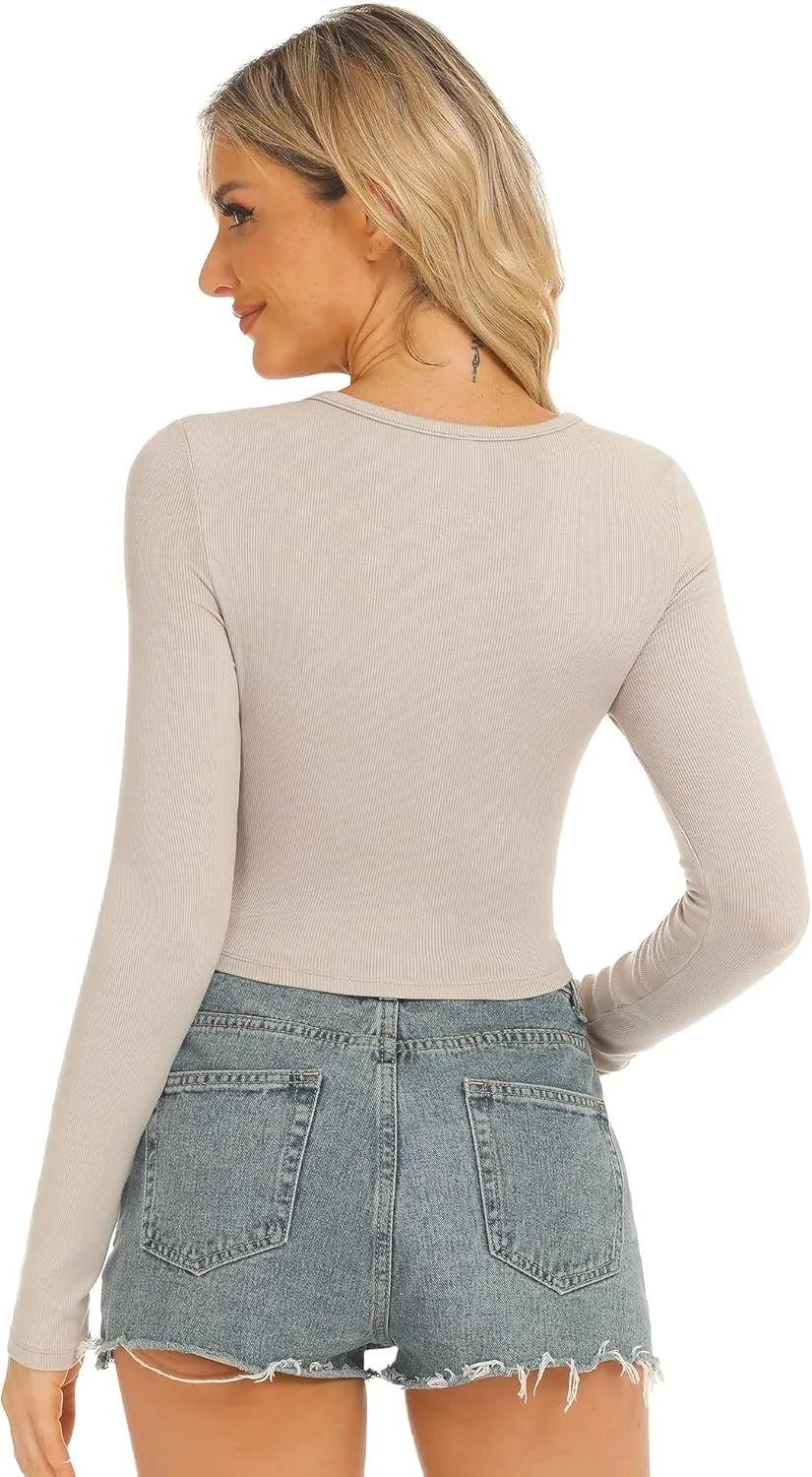 Stelle Henley Shirts for Women Long Sleeve Crop Top Ribbed Knit Button Slim Fitted Tops Casual Basic Blouse