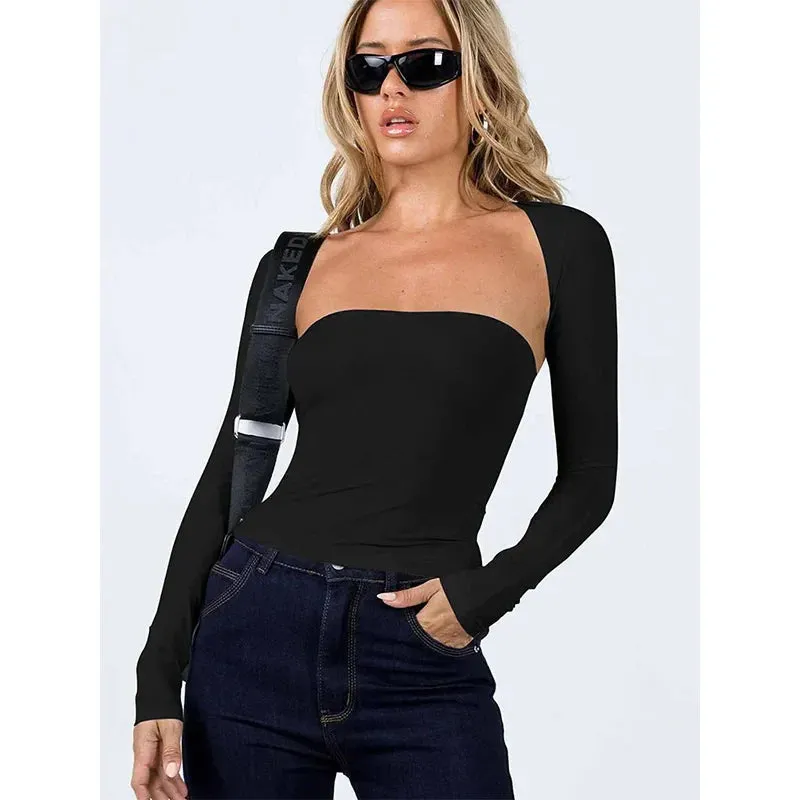 Tie Waist Long Sleeve Tee with Sexy Tight Bra