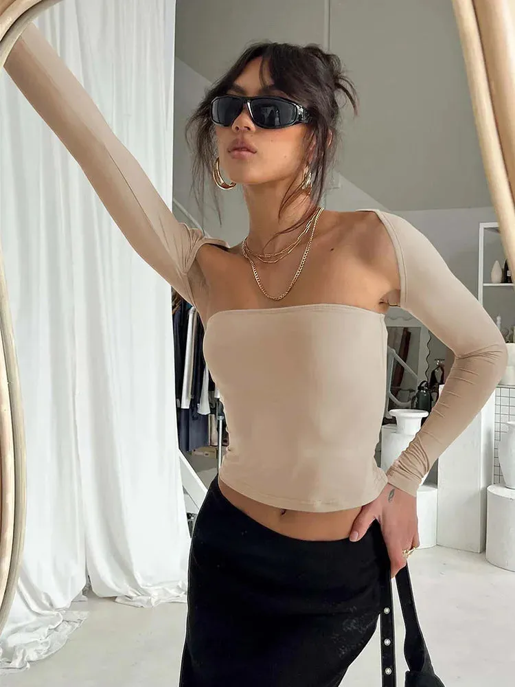 Tie Waist Long Sleeve Tee with Sexy Tight Bra