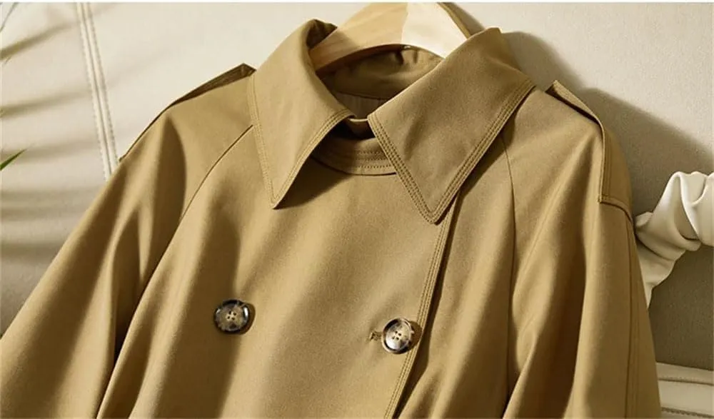 Women Lapel Belted Trench Coat Fall Winter Double Breasted Outerwear Solid Vintage Long Jacket