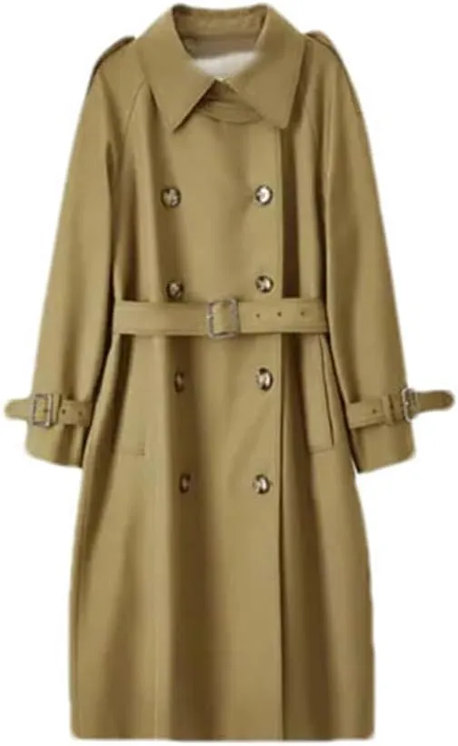Women Lapel Belted Trench Coat Fall Winter Double Breasted Outerwear Solid Vintage Long Jacket