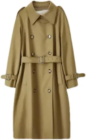 Women Lapel Belted Trench Coat Fall Winter Double Breasted Outerwear Solid Vintage Long Jacket