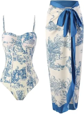 Women Sexy One Piece Swimsuit with Cover up Set High Waisted Beach Wrap Skirt Two Piece Bathing Suit