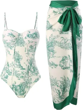 Women Sexy One Piece Swimsuit with Cover up Set High Waisted Beach Wrap Skirt Two Piece Bathing Suit