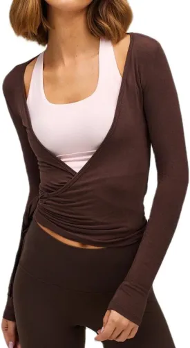 Women Tie Wrap Top Sexy Deep V Neck Long Sleeve Workout Yoga Shirt Slim Fitted Cross Wrap Bandage Tie Tops