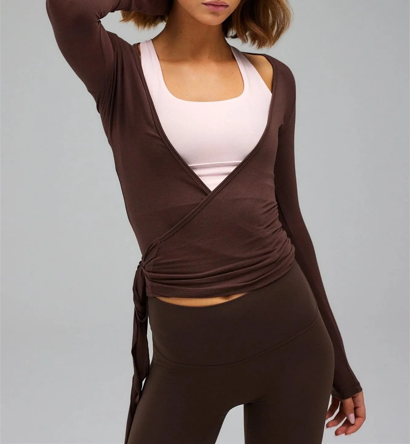 Women Tie Wrap Top Sexy Deep V Neck Long Sleeve Workout Yoga Shirt Slim Fitted Cross Wrap Bandage Tie Tops