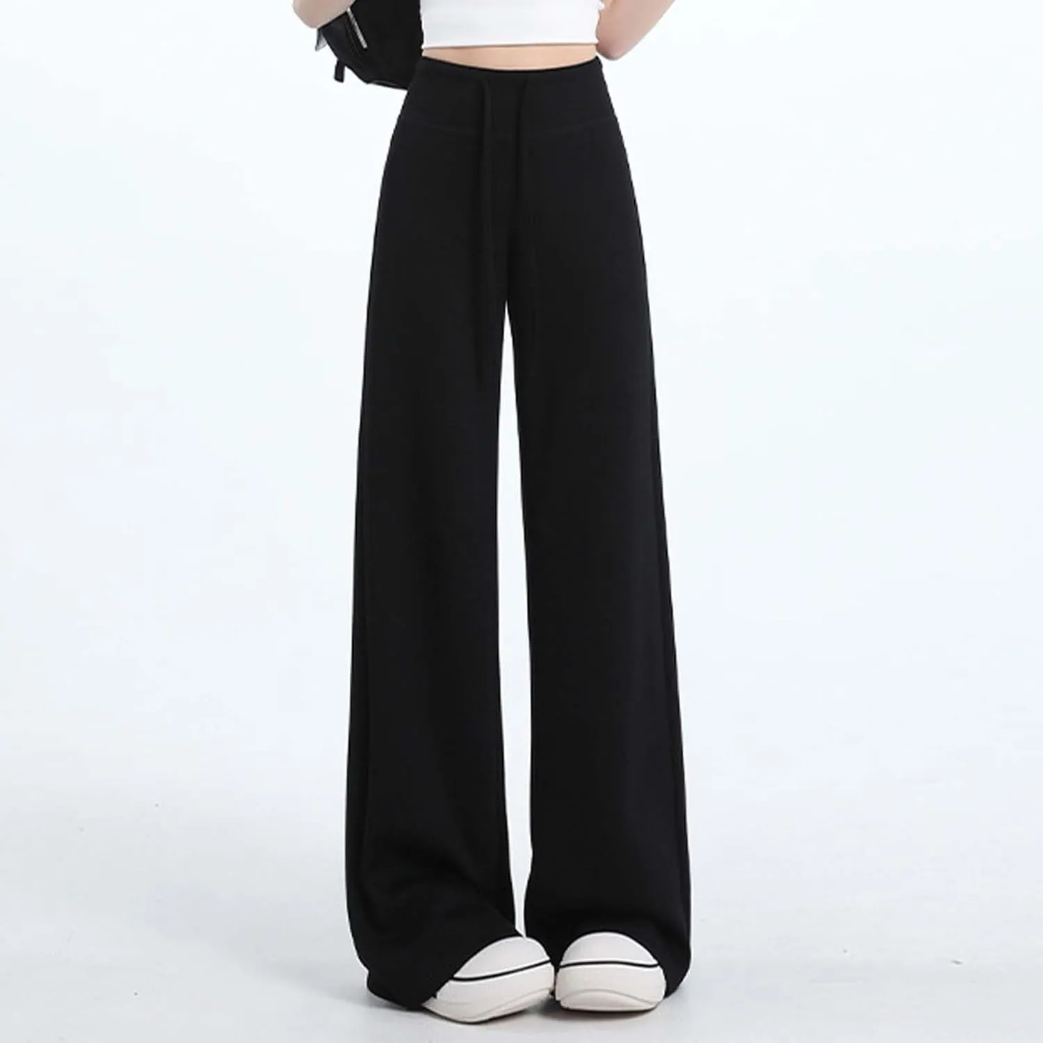 Women's Casual Wide Leg Pants High Waist Comfortable Pull On Pure Color Loose Fit Elastic Waistband with Pockets
