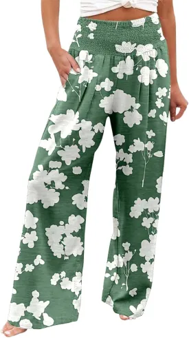 Women's Casual Wide Leg Pants High Waist Flowy Palazzo Trousers Summer Boho Beach Comfortable Loose Fit Trendy