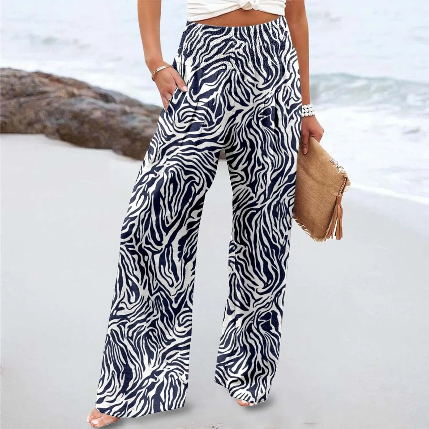 Women's Casual Wide Leg Pants High Waist Flowy Palazzo Trousers Summer Boho Beach Comfortable Loose Fit Trendy