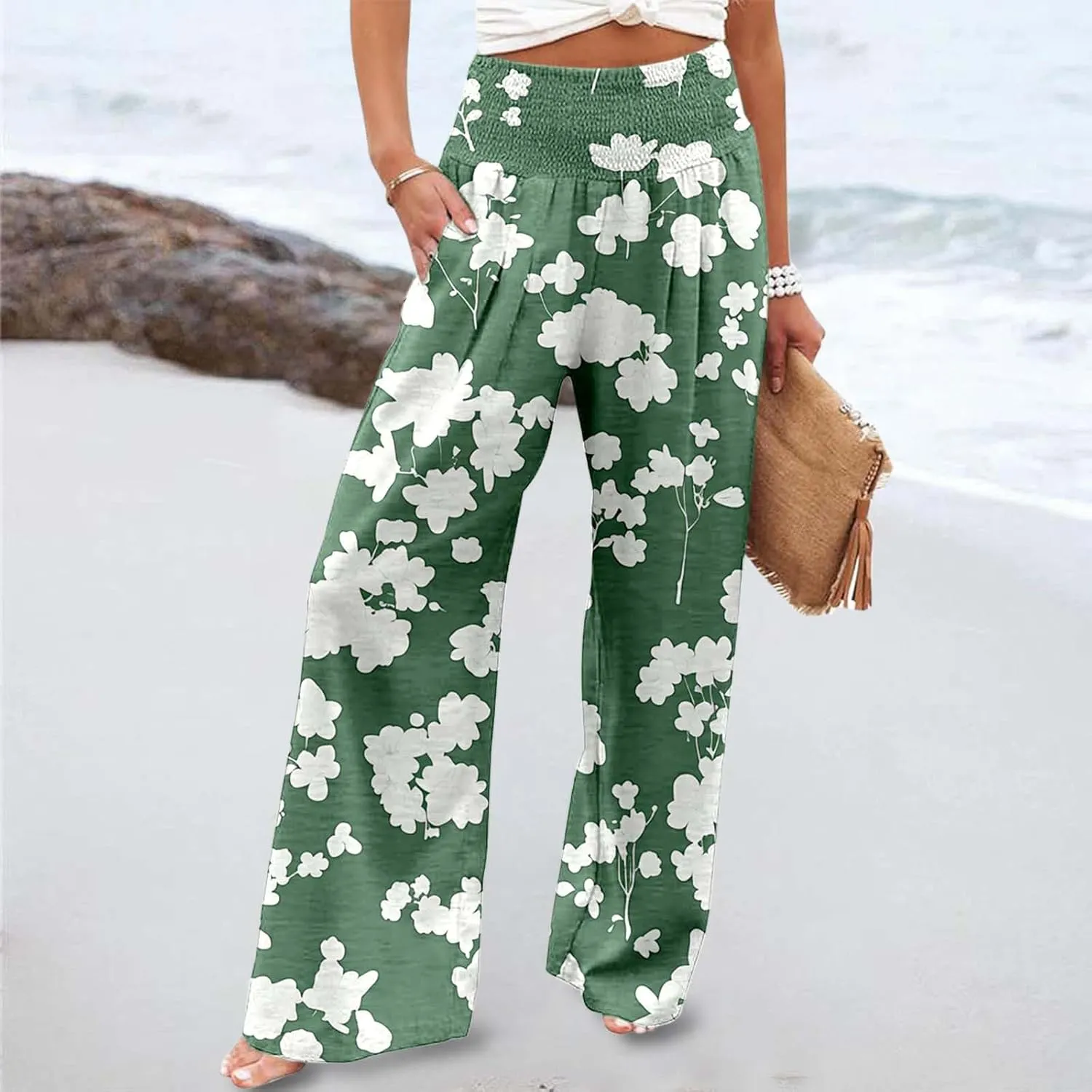 Women's Casual Wide Leg Pants High Waist Flowy Palazzo Trousers Summer Boho Beach Comfortable Loose Fit Trendy