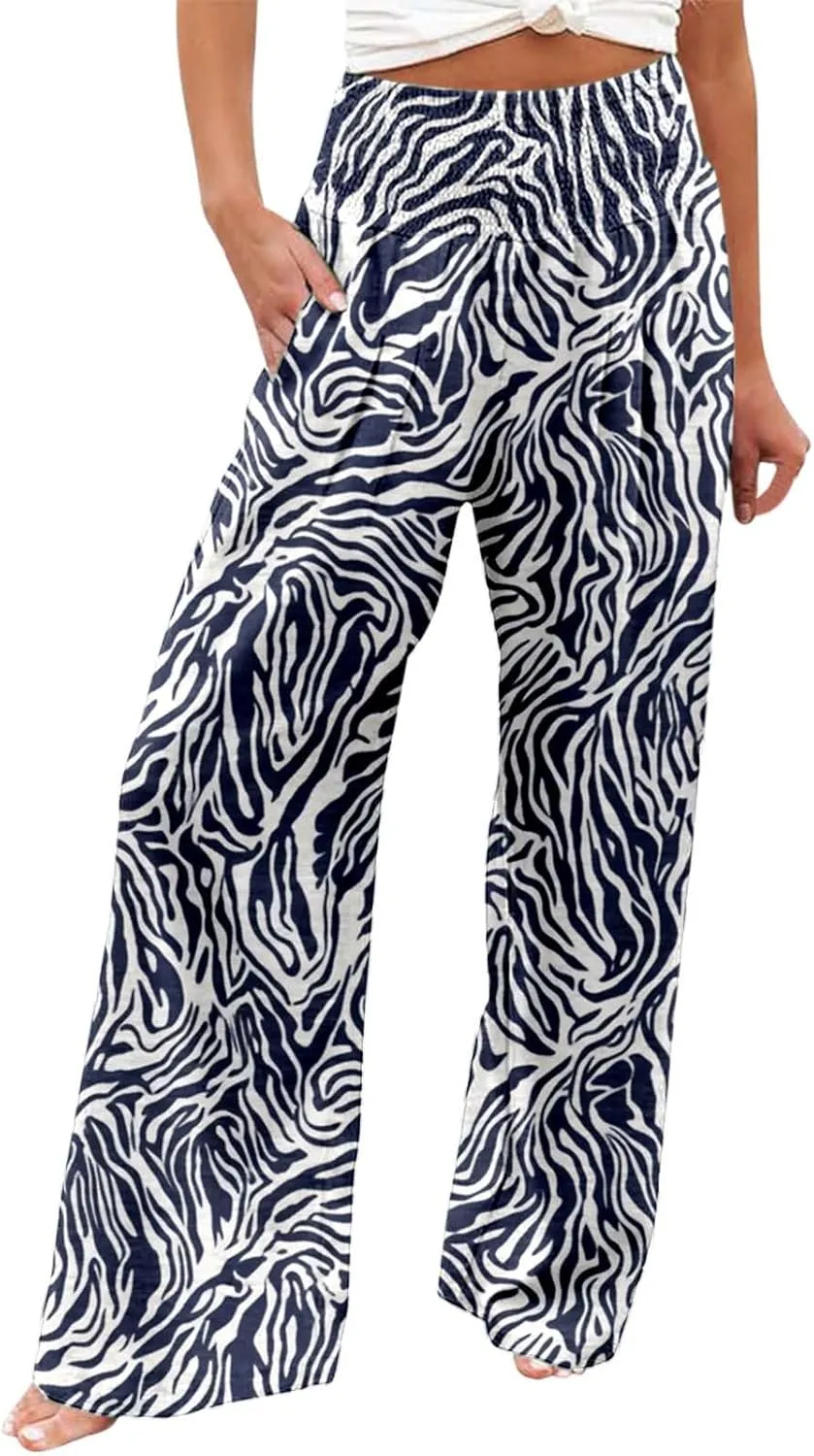 Women's Casual Wide Leg Pants High Waist Flowy Palazzo Trousers Summer Boho Beach Comfortable Loose Fit Trendy