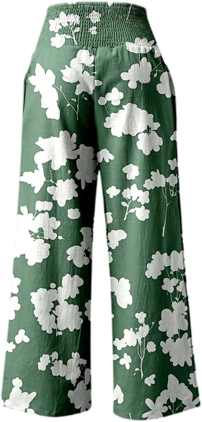 Women's Casual Wide Leg Pants High Waist Flowy Palazzo Trousers Summer Boho Beach Comfortable Loose Fit Trendy