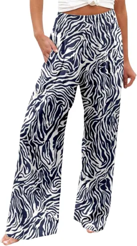 Women's Casual Wide Leg Pants High Waist Flowy Palazzo Trousers Summer Boho Beach Comfortable Loose Fit Trendy