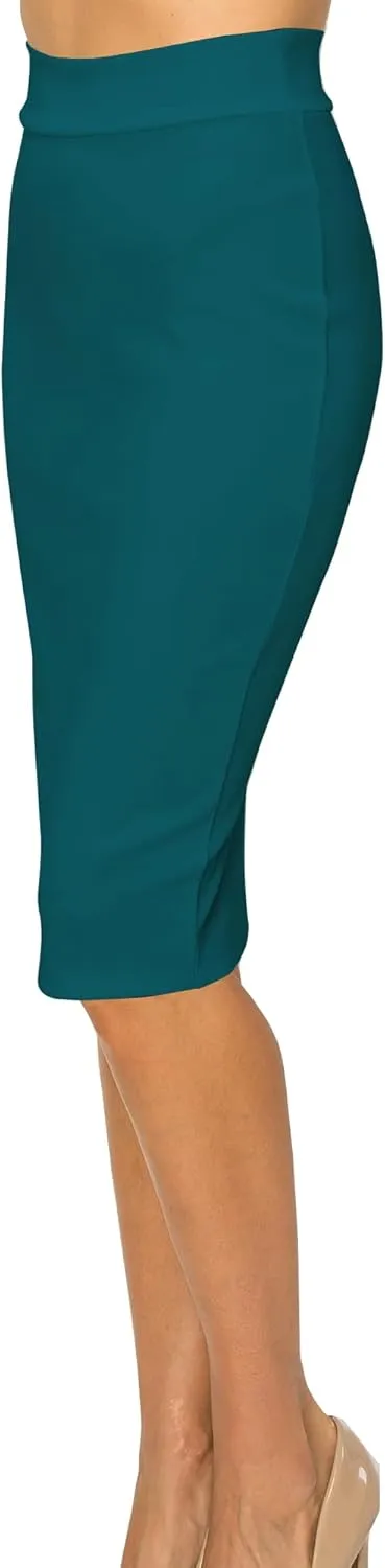 Women's Elastic Waist Stretch Bodycon Pencil Skirt Midi Knee Length for Wear to Work