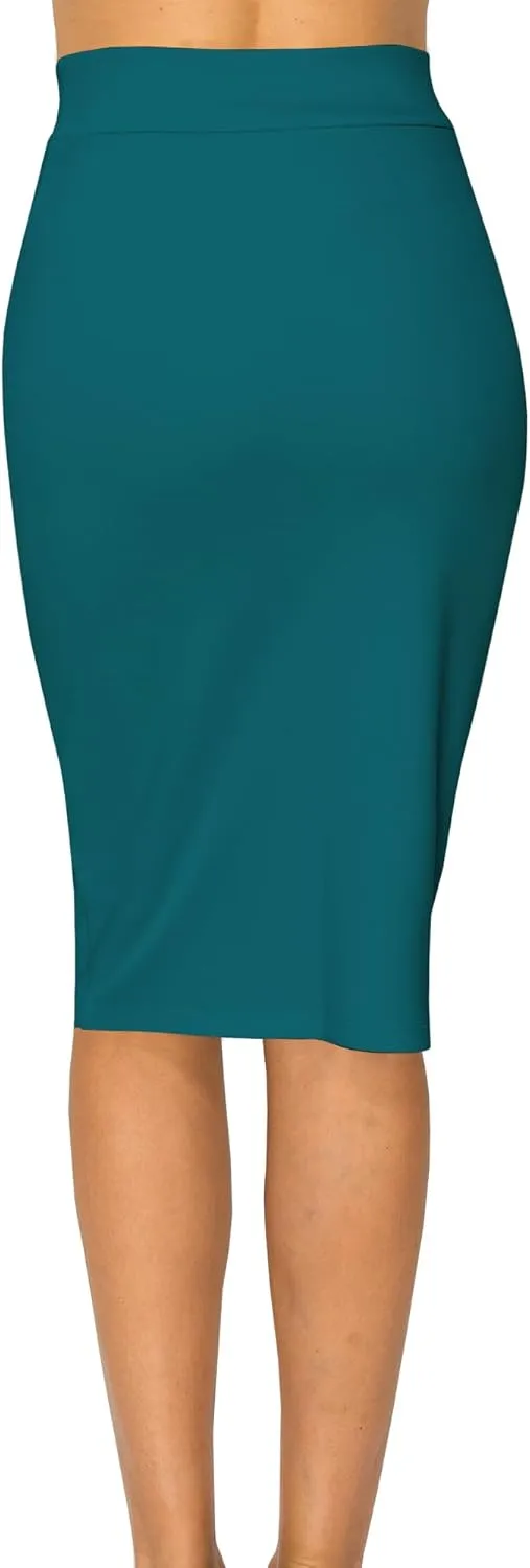 Women's Elastic Waist Stretch Bodycon Pencil Skirt Midi Knee Length for Wear to Work