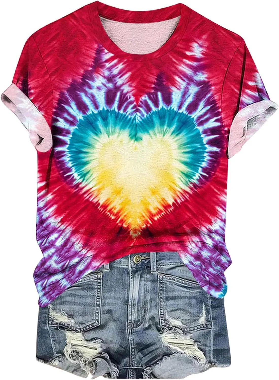 Women's Juniors Heart Tie Dye Short Sleeve T Shirt Plus Size Summer Tops Casual Loose Rainbow Tees Hip Hop Shirts