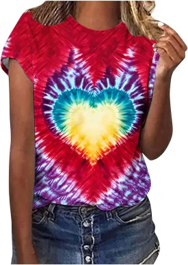 Women's Juniors Heart Tie Dye Short Sleeve T Shirt Plus Size Summer Tops Casual Loose Rainbow Tees Hip Hop Shirts
