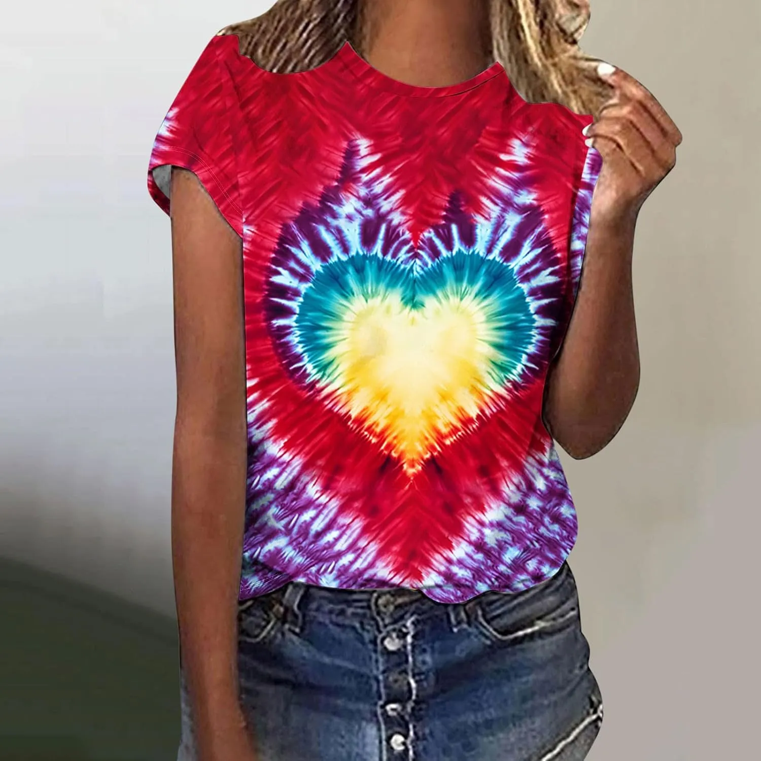 Women's Juniors Heart Tie Dye Short Sleeve T Shirt Plus Size Summer Tops Casual Loose Rainbow Tees Hip Hop Shirts