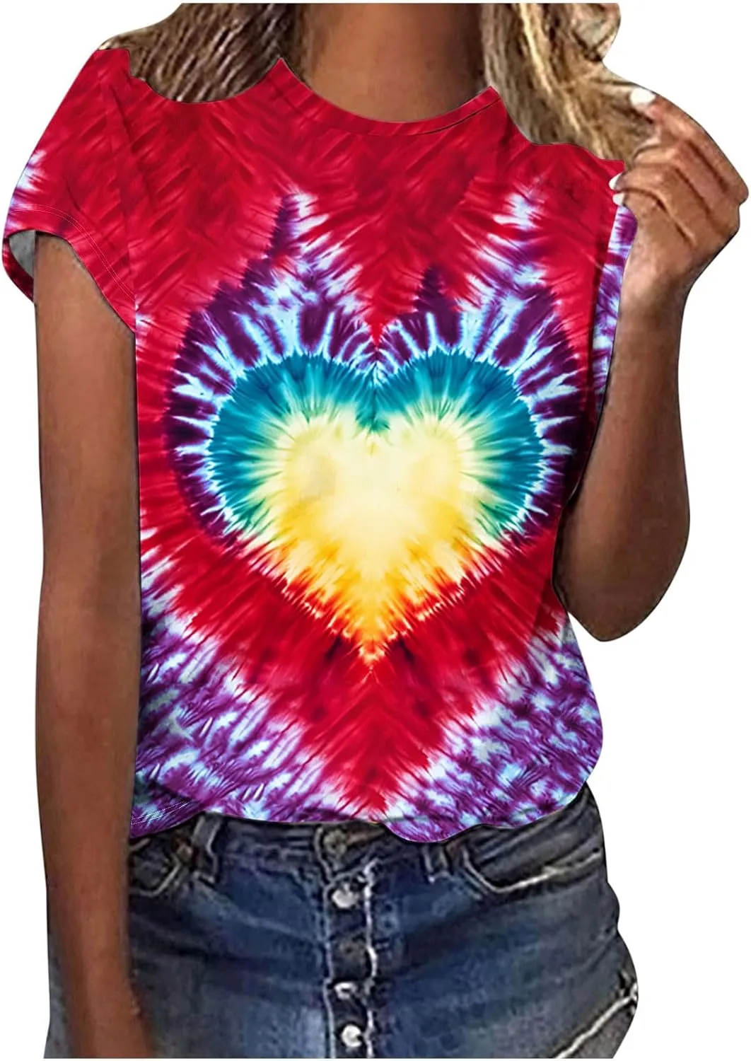 Women's Juniors Heart Tie Dye Short Sleeve T Shirt Plus Size Summer Tops Casual Loose Rainbow Tees Hip Hop Shirts