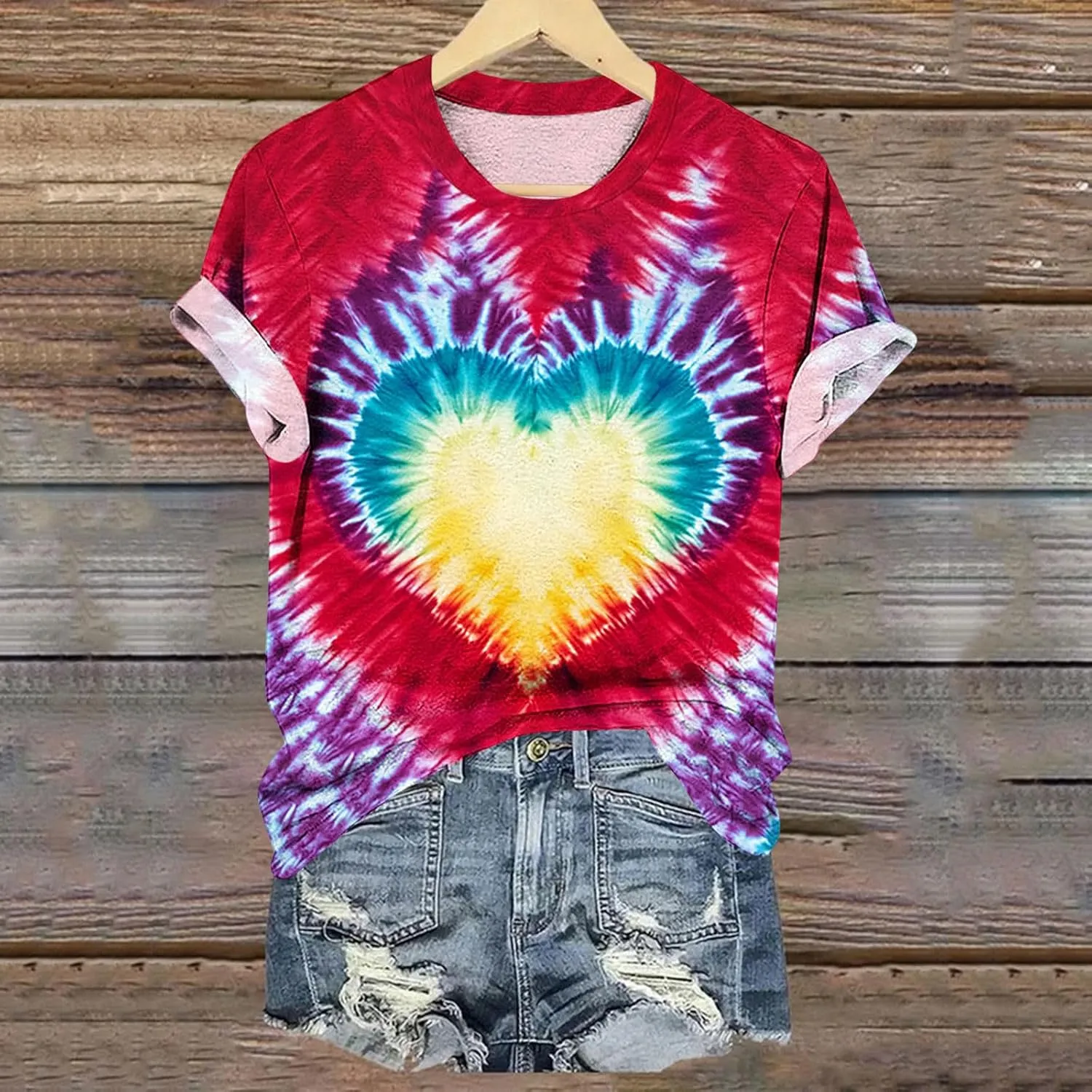 Women's Juniors Heart Tie Dye Short Sleeve T Shirt Plus Size Summer Tops Casual Loose Rainbow Tees Hip Hop Shirts