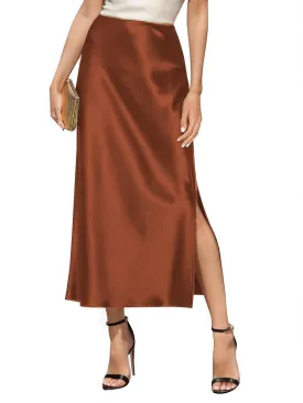 Women's Satin High Waisted Side Split Maxi Skirt Elastic Waistband Elegant Work Skirts Party A-Line Skirts