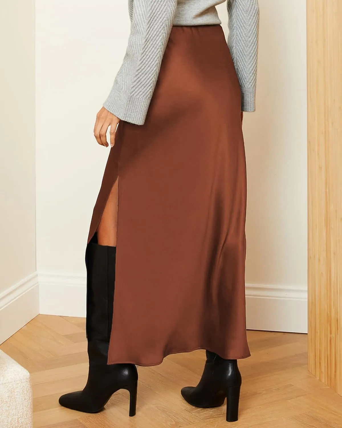 Women's Satin High Waisted Side Split Maxi Skirt Elastic Waistband Elegant Work Skirts Party A-Line Skirts