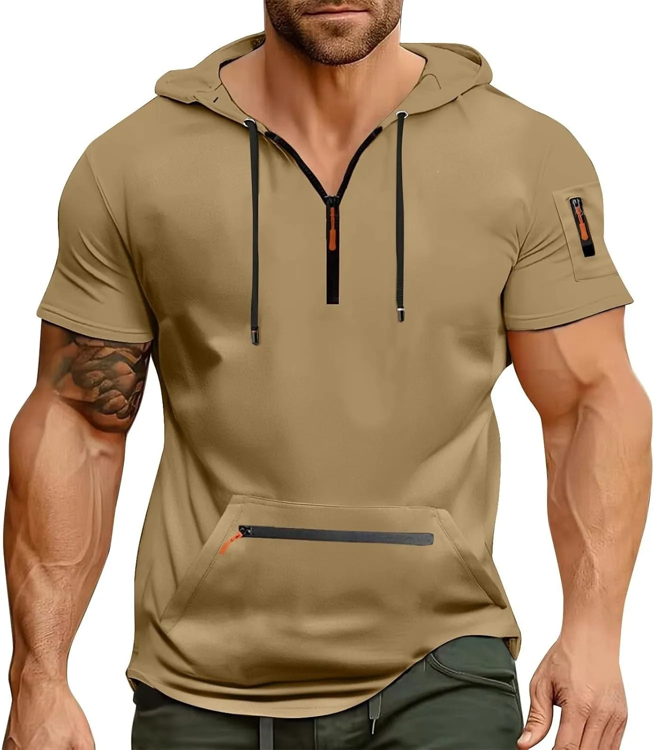 Workout Hoodies for Men Zip Up Short Sleeve Slim Fit Pocket Casual Tshirts Pullover Summer Gym Training Muscle Tees